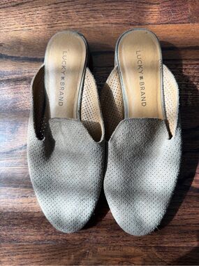 Lucky Brand Olive Suede Perforated Slip-On Mules